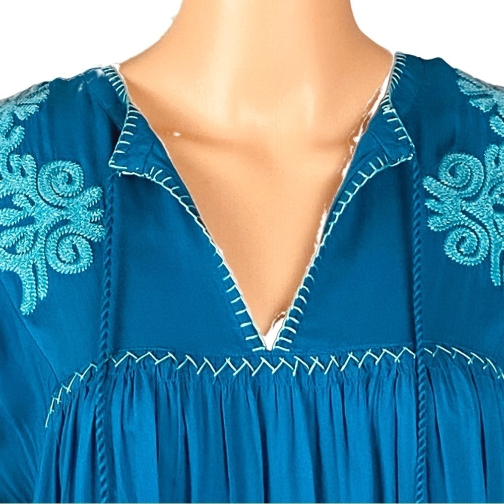 SUNDANCE “Bright Pathway” teal, embroidered, shift dress w/POCKETS. Size XS. EUC - Picture 2 of 12